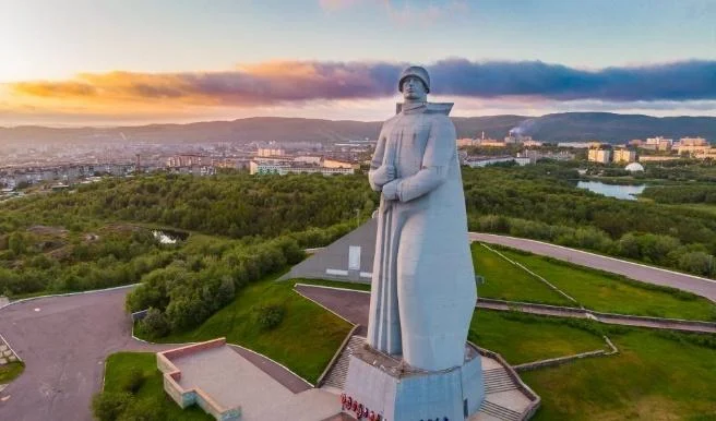 Monumental Alyosha Memorial overlooking frozen Kola Bay