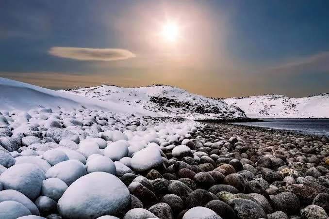 Pristine snow route cutting across the Arctic Tundra