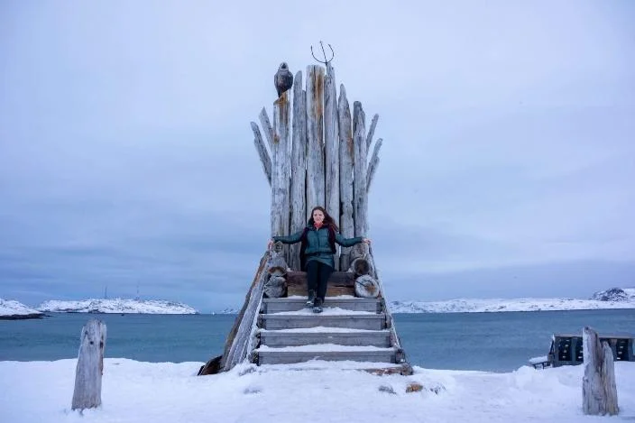 Throne of the North and whale skeleton on Barents Sea shore