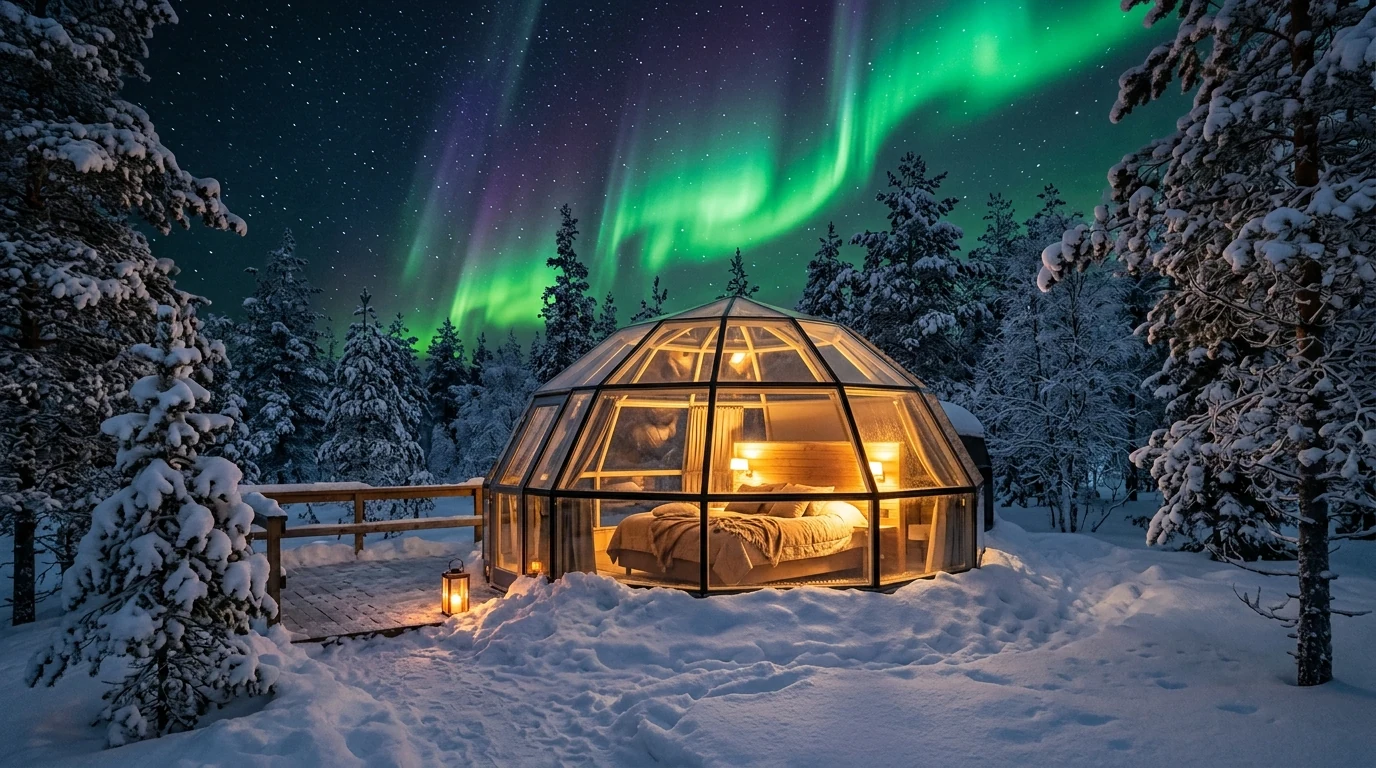 Khu nghỉ dưỡng lều kính Aurora Glass Igloo Dome ngắm cực quang ấm áp từ giường ngủ