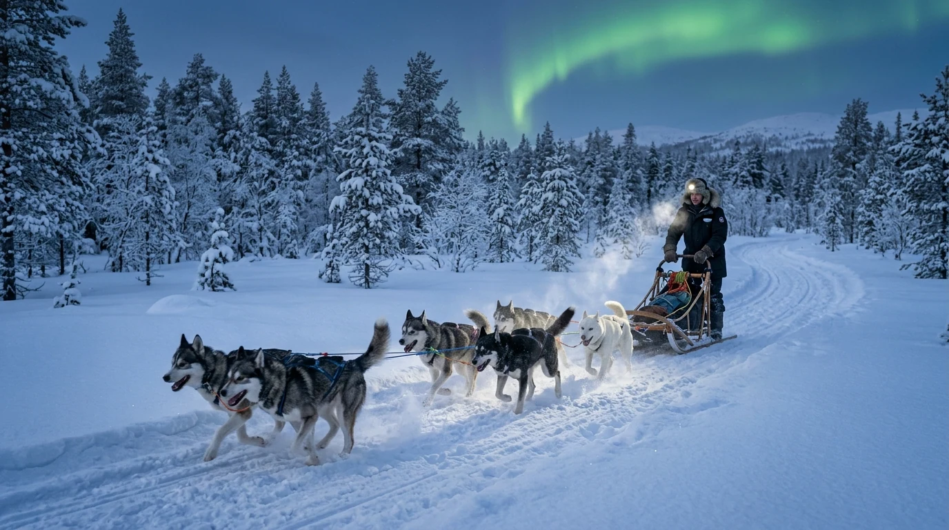 Đoàn xe trượt tuyết chó Husky kéo xuyên rừng taiga tuyết trắng tại Murmansk
