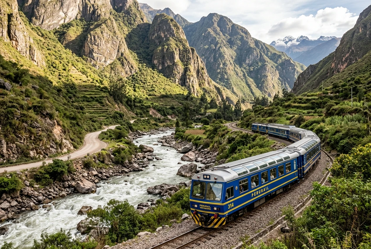 PeruRail Vistadome scenic panoramic train along Urubamba River