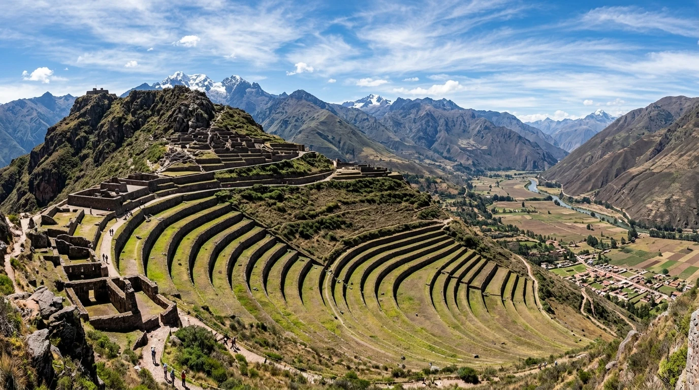 Ruộng bậc thang cự thạch Pisac tại Thung lũng Sacred Valley gần Cusco Peru