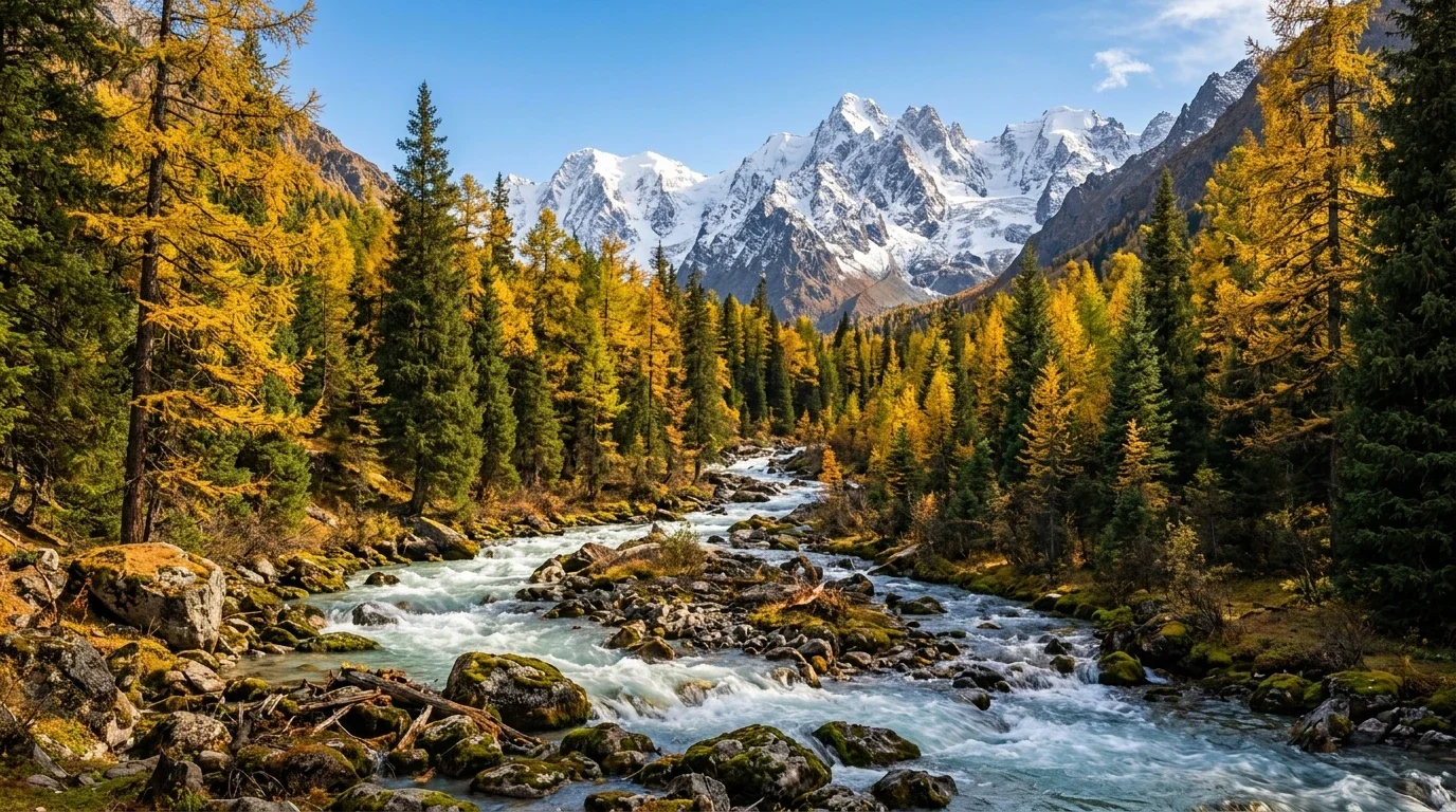 Khuê Đồn Tân Cương với hẻm núi bạch dương vàng và suối trong chảy qua đá