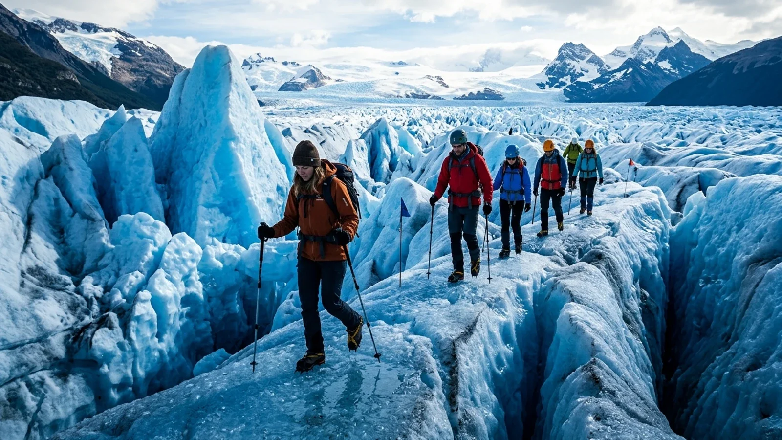 Đoàn thám hiểm đeo đinh sắt crampons đi bộ trên bề mặt sông băng Perito Moreno giữa các khe nứt xanh ngắt