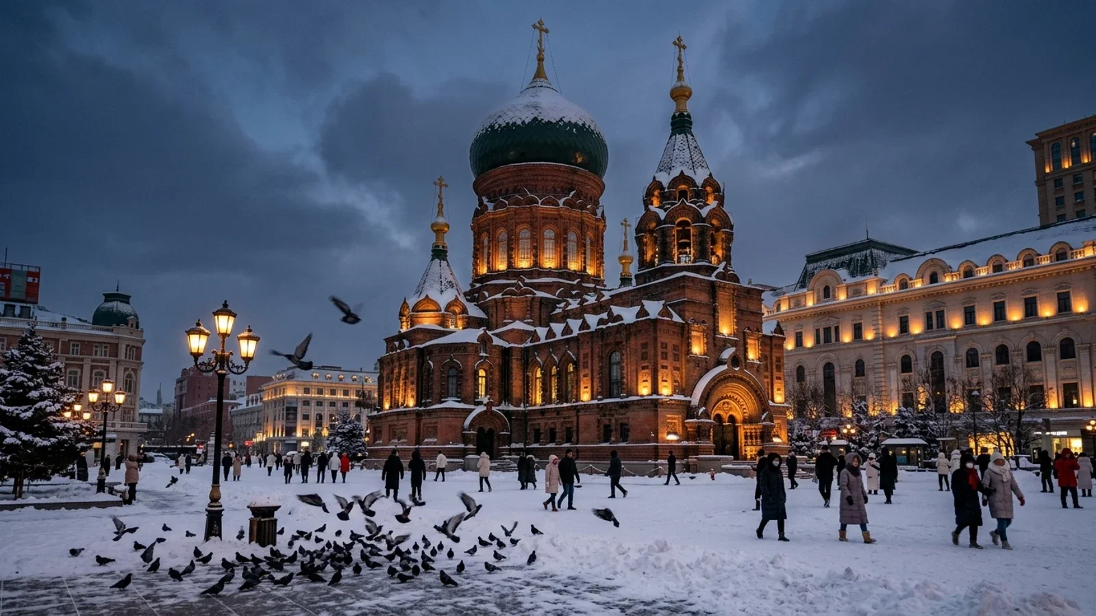 Nhà thờ Thánh Sophia Cáp Nhĩ Tân kiến trúc Byzantine phủ tuyết trắng lúc hoàng hôn với đàn chim bồ câu chao lượn