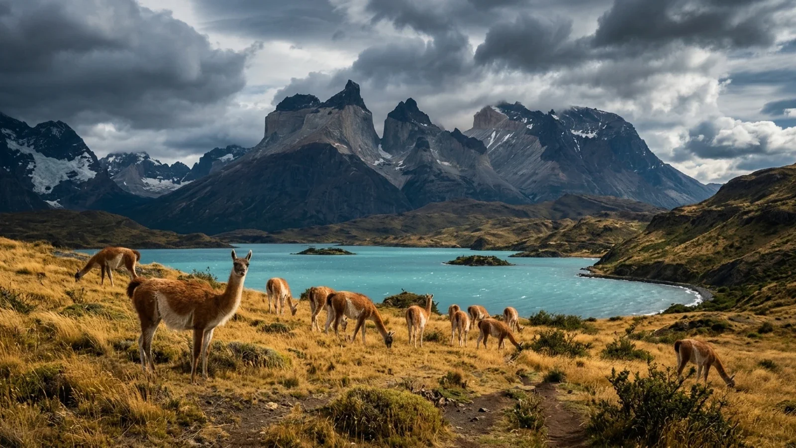Đàn lạc đà hoang dã Guanaco gặm cỏ trên thảo nguyên vàng bên hồ nước ngọc bích Pehoe và rặng núi Cuernos del Paine