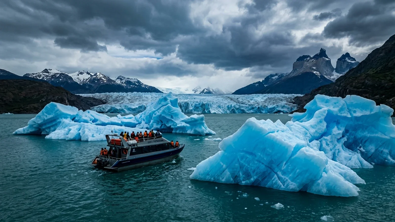 Du thuyền thám hiểm lướt gần các tảng băng trôi màu xanh lam ngọc khổng lồ trên hồ Lago Grey Chile