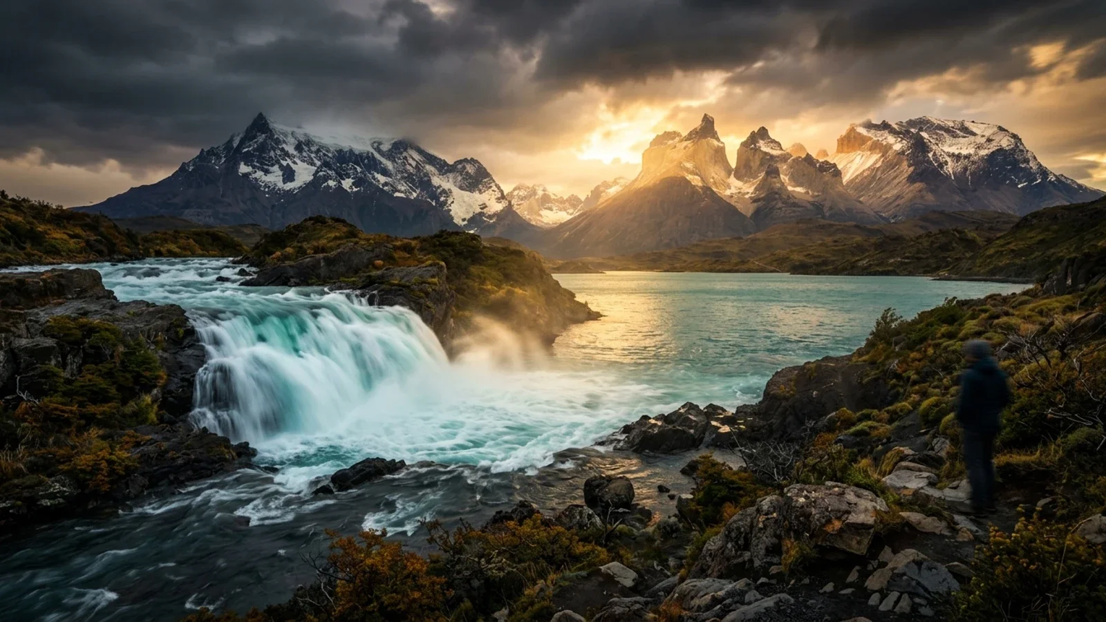 Thác nước Salto Grande cuồn cuộn đổ ra hồ Nordenskjold với rặng núi sừng Cuernos del Paine rực sáng hoàng hôn