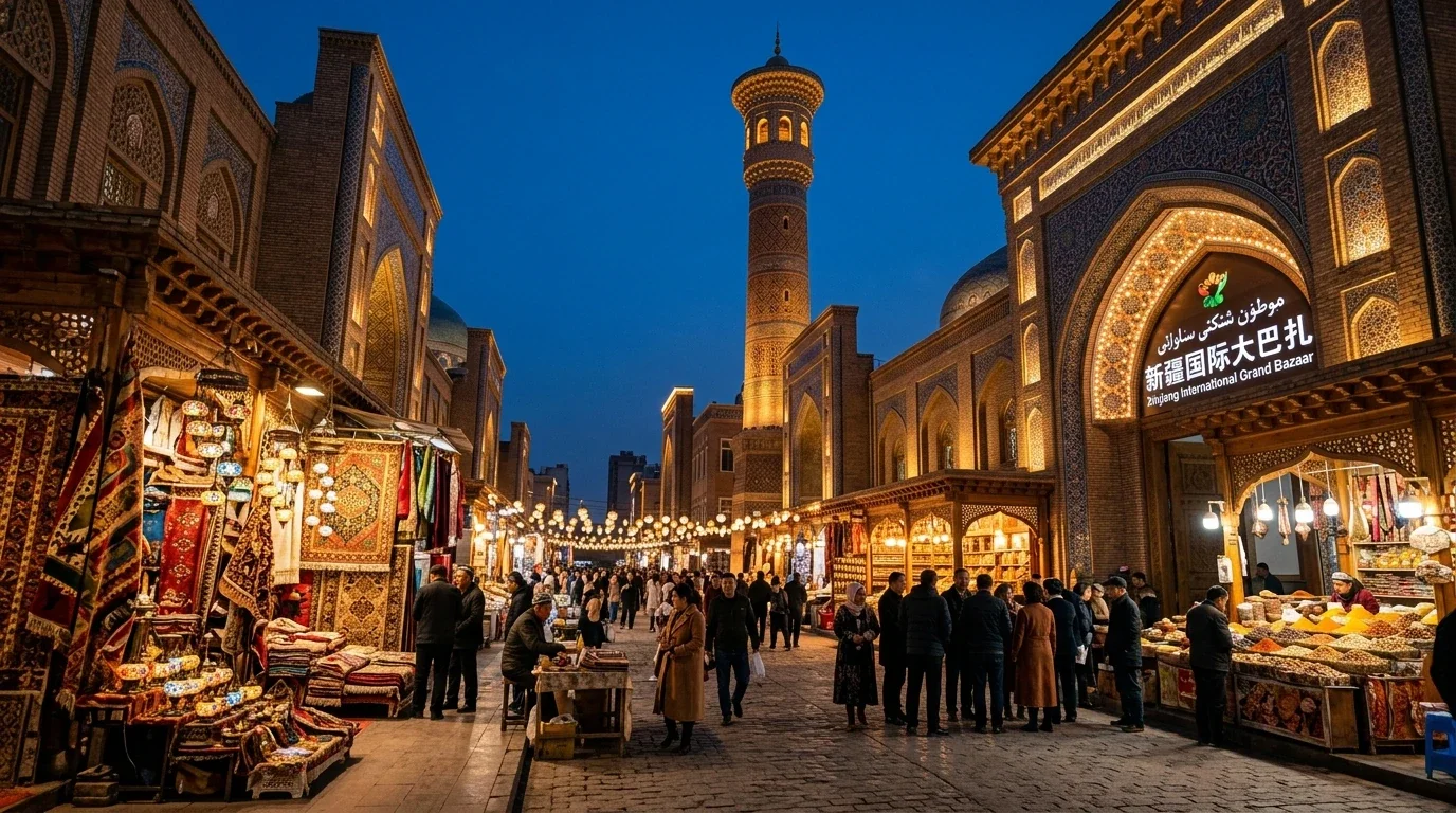 Bazar Quốc tế Urumqi Tân Cương với tháp minarets Hồi giáo và khu chợ thủ công truyền thống