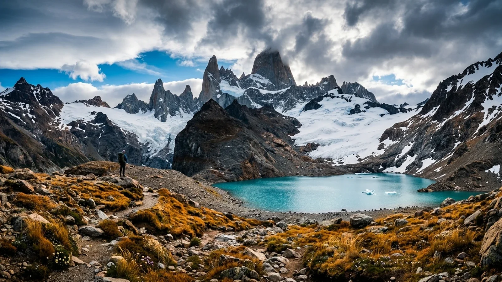 Đỉnh núi đá răng cưa Fitz Roy sừng sững soi bóng xuống hồ ngọc bích Laguna de los Tres tại El Chalten Argentina