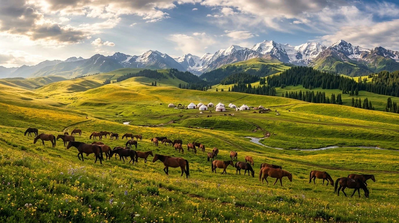 Thảo nguyên Nalati Tân Cương với đàn ngựa Kazakh và đỉnh tuyết Thiên Sơn xa xa